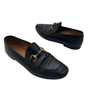 Gucci Jordaan Horsebit Loafer Flat Black Leather Slip On Womens Size 37.5 US 7.5